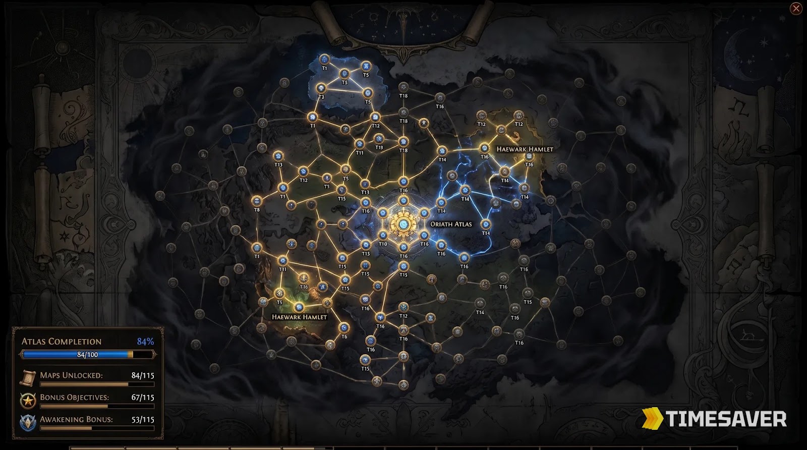 The Path of Exile 2 endgame Atlas map screen showing Waystones, league mechanics and pinnacle boss nodes