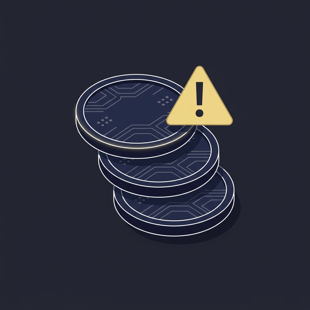 Minimalist vector illustration of cryptocurrency tokens with a gold warning triangle overlapping a coin symbolizing irreversible payments and scam risk 1xbetonline