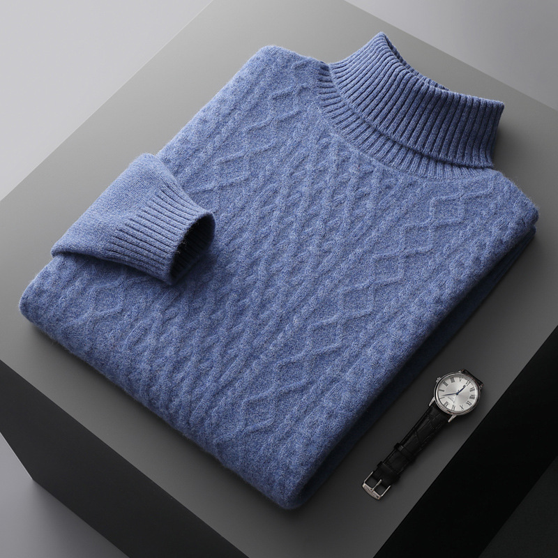 Men's Wool Sweater with Lapel Collar and Cable Pattern