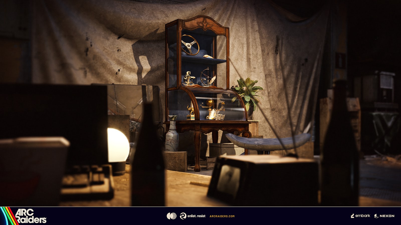 ARC Raiders the Converging Paths Display Case in a hideout, its shelves filling with recovered relics — a steering wheel, brass anchor, orrery and golden figurines — the running record of every relic banked; a relic only reaches the case if you extract with it, so prioritise a clean exit over one more crate