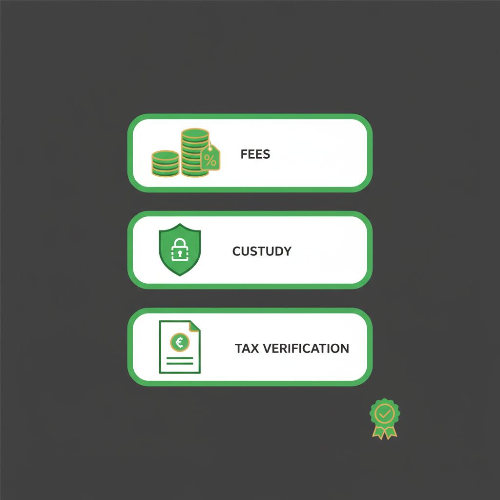 alto crypto ira checklist vector showing four icons for fees custody tax and verification in Finance Police brand colors