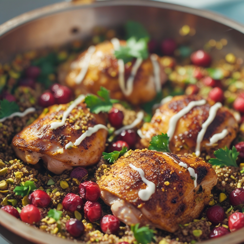 One-Skillet Persian Pistachio Chicken with Barberry Pilaf & Herbed Yogurt