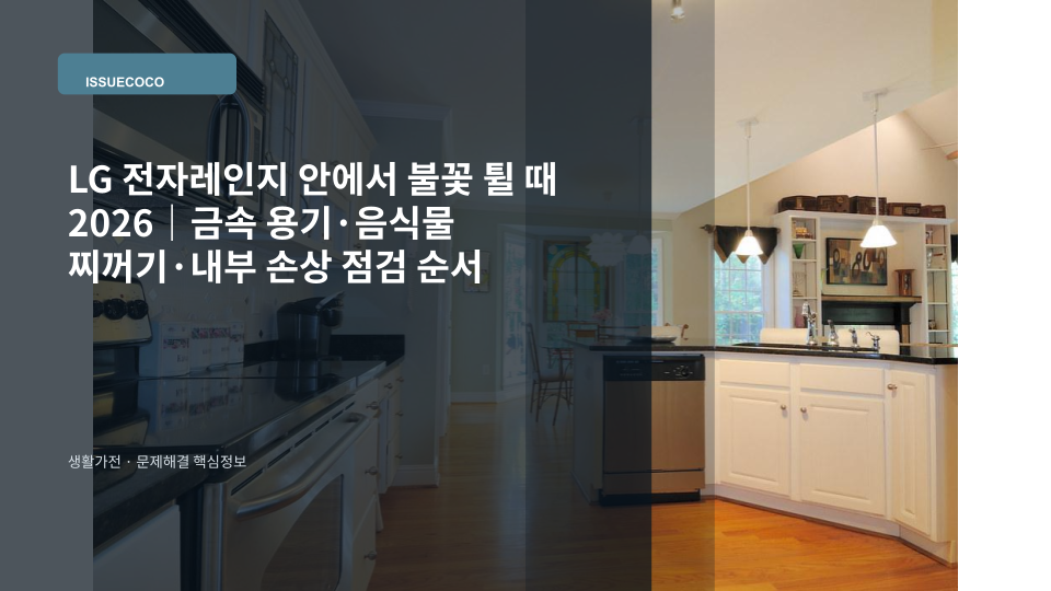 LG 전자레인지 내부에서 불꽃이 튀는 상황과 금속 용기 및 내부 오염을 점검하는 장면