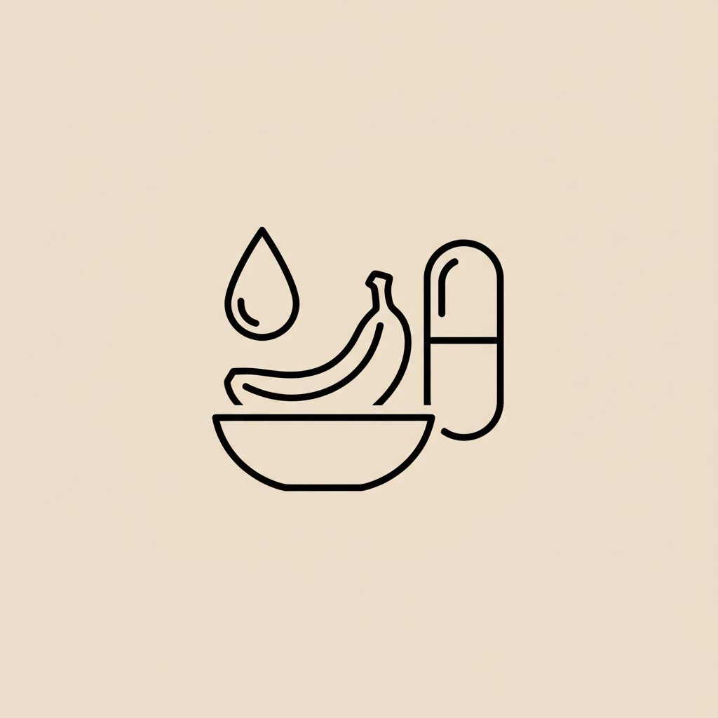 Minimalist Tonum-style line illustration of a bowl with a banana, water droplet and capsule on beige background, visual symbol to accompany guidance to lose belly fat in 7 days.