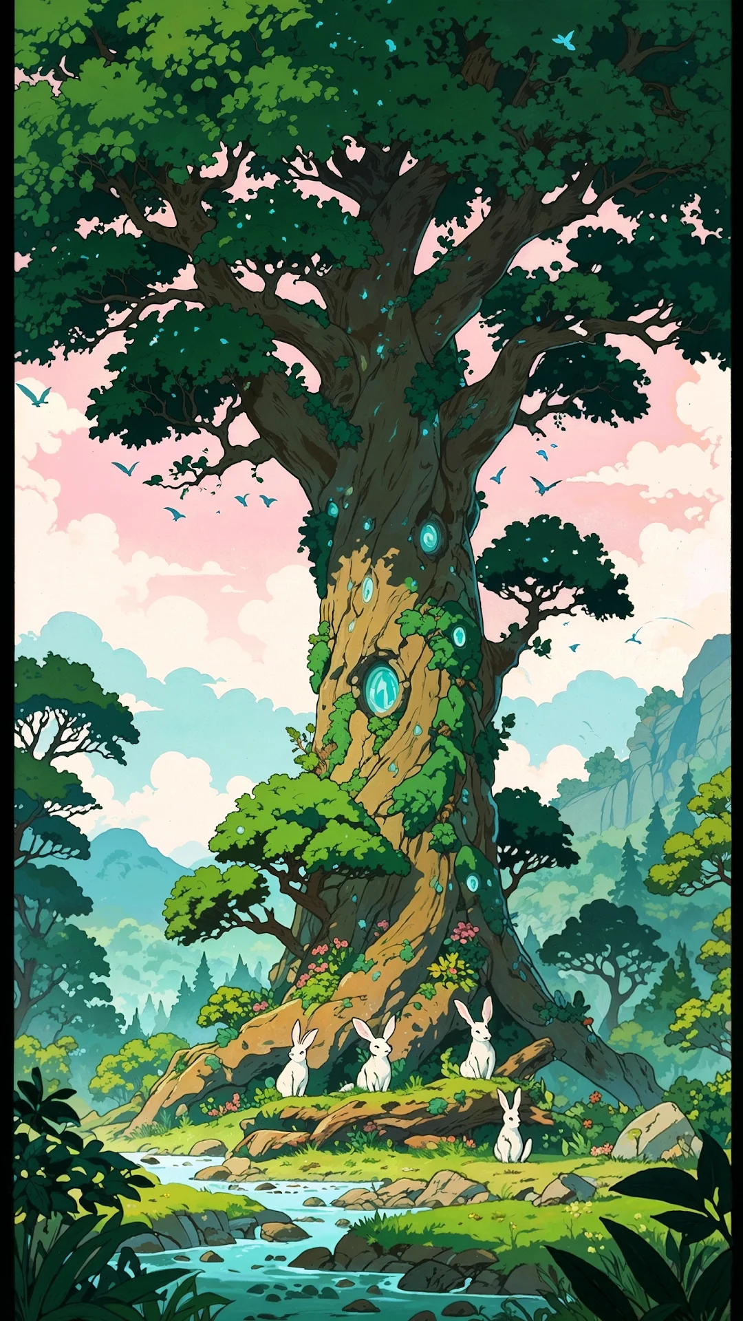 Enchanted Tree House with Rabbits in Forest - Free 4K mobile Wallpaper