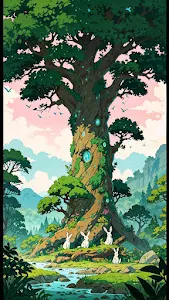 Enchanted Tree House with Rabbits in Forest