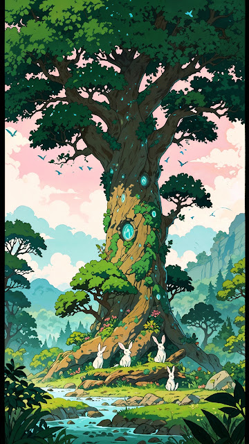 Enchanted Tree House with Rabbits in Forest - Free mobile Wallpaper