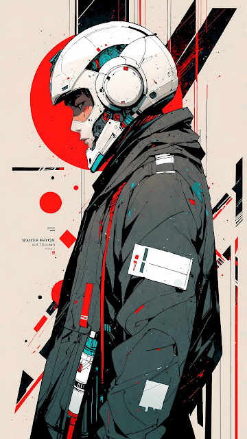 Abstract Cyberpunk Character in White Helmet and Red Accents - Free mobile Wallpaper