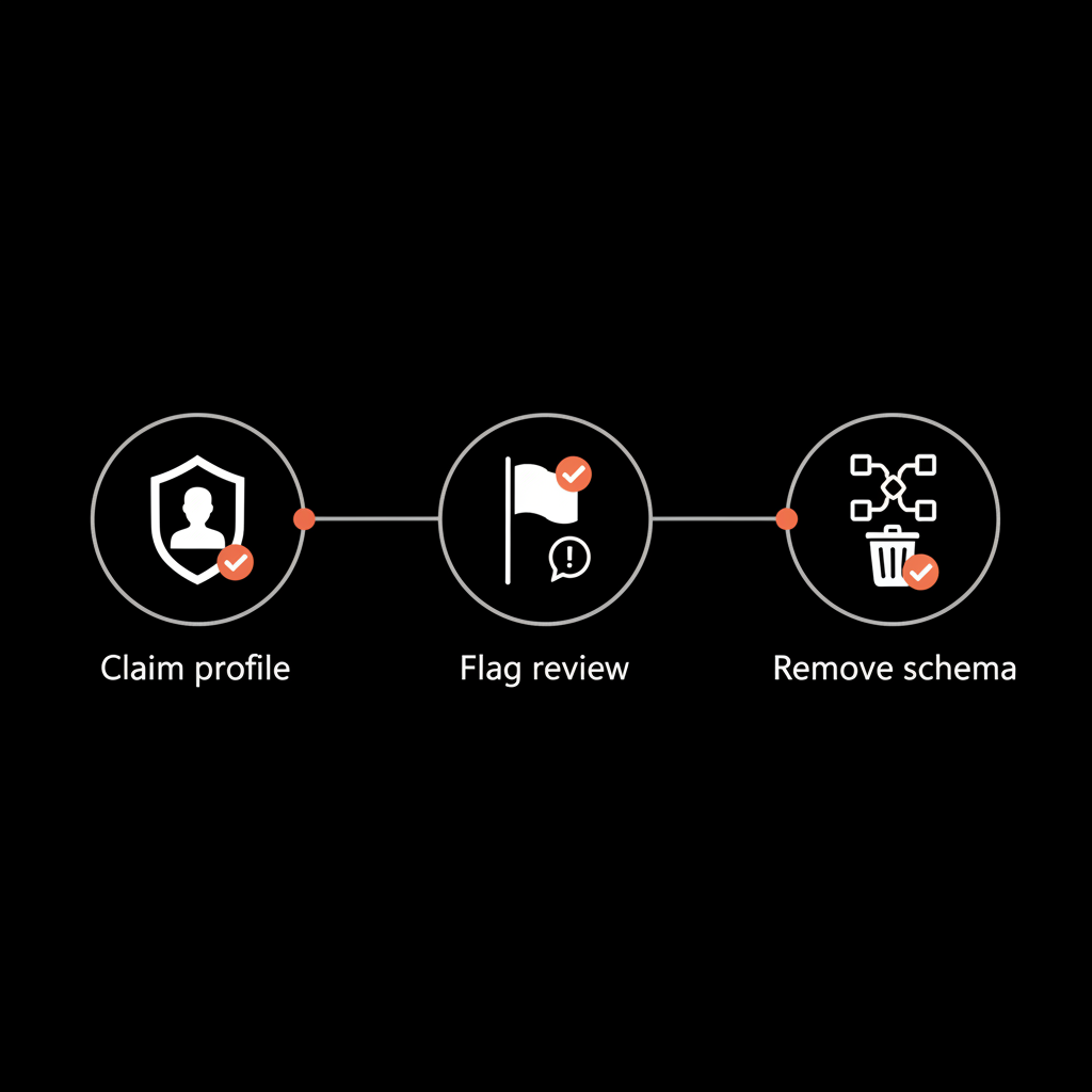 Minimal vector infographic on black background showing a step-by-step checklist to remove Google reviews from business profile: claim profile, flag review, remove schema.