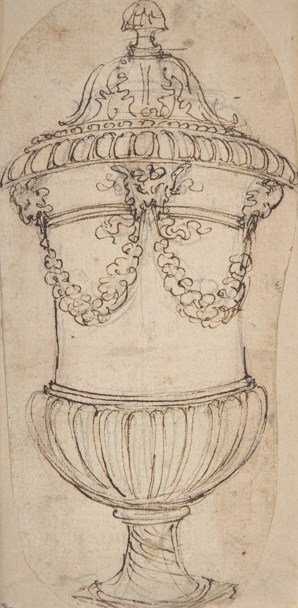 Design for a Lidded Gadrooned Vase with Satyr Heads Holding Garlands 16521725