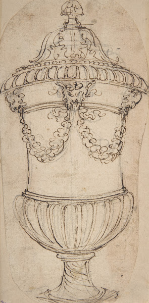 Design for a Lidded Gadrooned Vase with Satyr Heads Holding Garlands 16521725