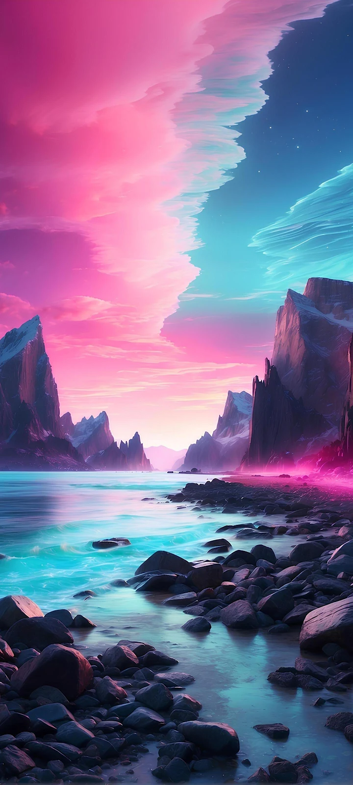 Surreal Neon Mountain Coast - Digital Art 2K iPhone Wallpaper (1440x3200)