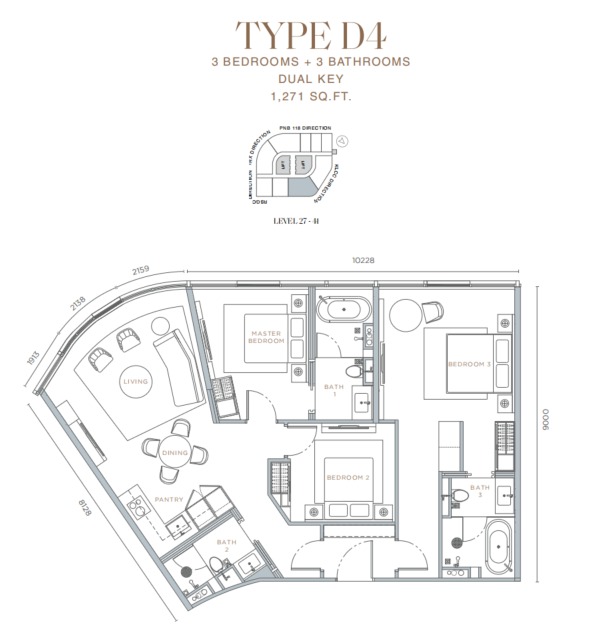 Orion Residence Type D4 floor plan — 1329 sq ft, 3 bedrooms