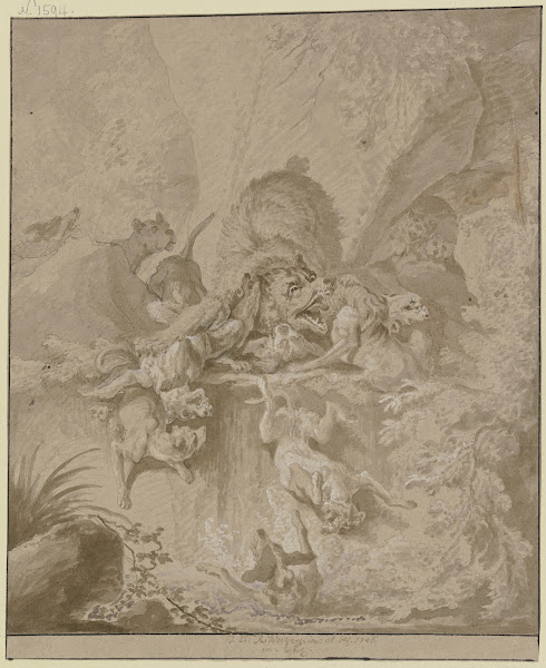 Ein BäR In Einer Schlucht Von Einem Rudel Hunde Gestellt 1746