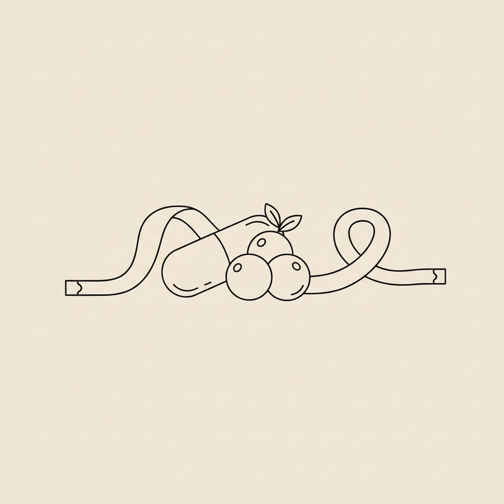 Minimal Tonum-style line illustration of a capsule, a small cluster of berries and a measuring tape on beige background — what is the skinny shot for B12?