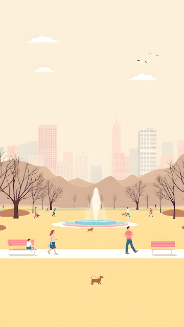 Minimalist City Park Illustration with Fountain and Skyline - Free mobile Wallpaper