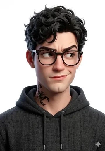 Retrato estilizado en 3D de un joven con cabello oscuro y rizado, que lleva gafas redondas negras y una sudadera oscura con capucha...