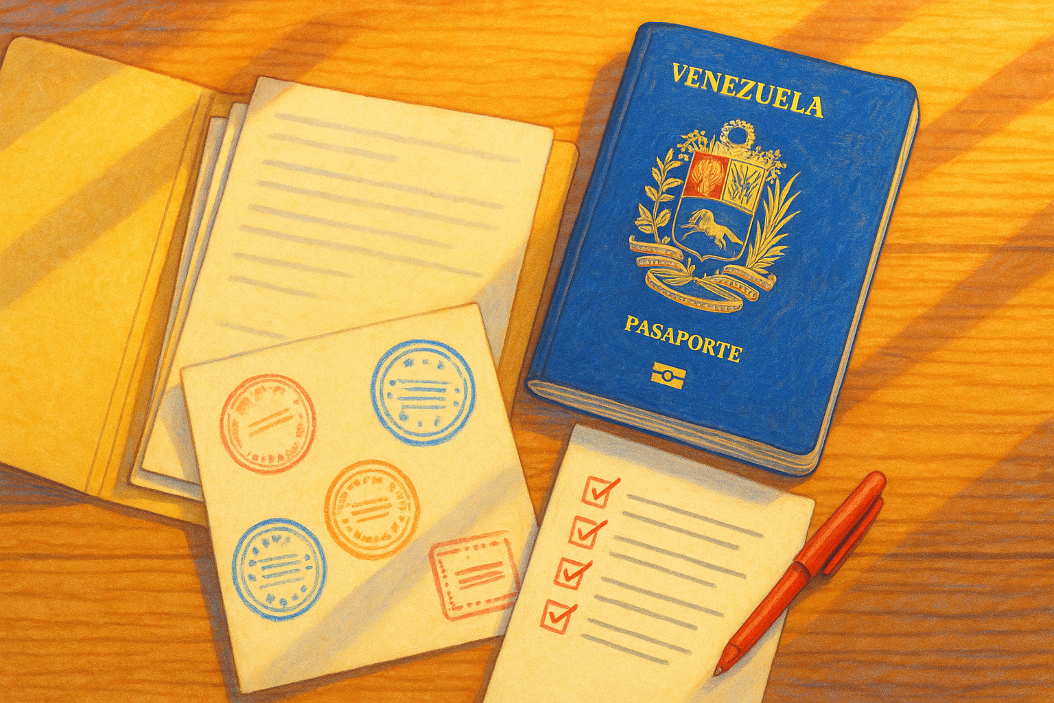 Carpeta con documentos y pasaporte en mesa, checklist migratorio y sello, trámites para venezolanos en el exterior