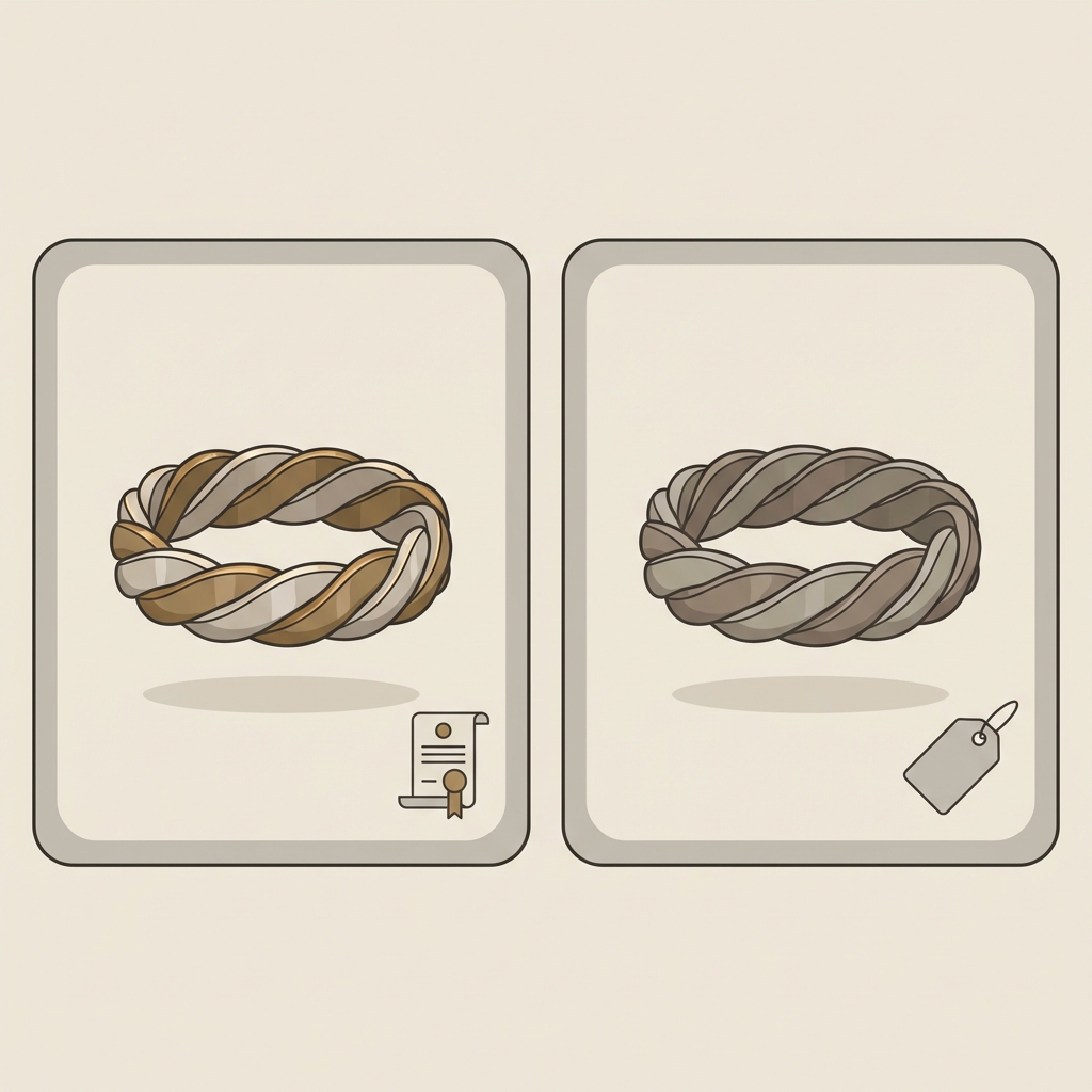 Diptych catalog comparison of two viking rings one with clear documented provenance and highlighted certificate icon and one with vague provenance ancient viking rings for sale