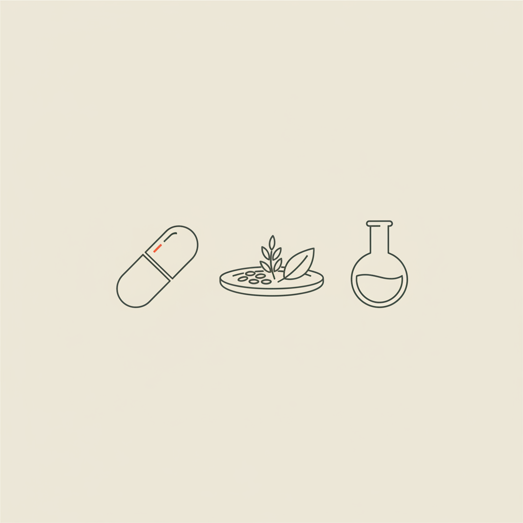 Minimal Tonum-style line illustration of a capsule, plate with grains and a leaf, and a small chemistry flask on beige background, representing chromium picolinate