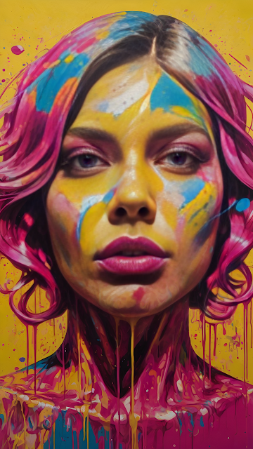 Vibrant Paint-Splashed Portrait on Yellow Background - Free mobile Wallpaper