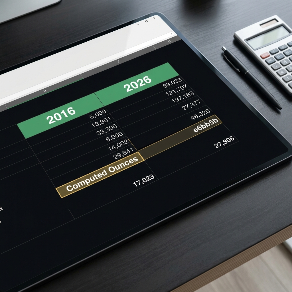 Spreadsheet on dark desk highlighting 2016 and 2026 gold prices and computed ounces in a minimalist Finance Police style for how to buy gold on stock market
