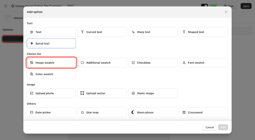 Add option menu with Image swatch selected under Choice list