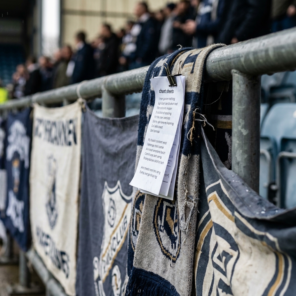 Close up of supporters banners and scarves hung on a stadium rail showing chant sheets and team colors faces cropped out fulham prediction