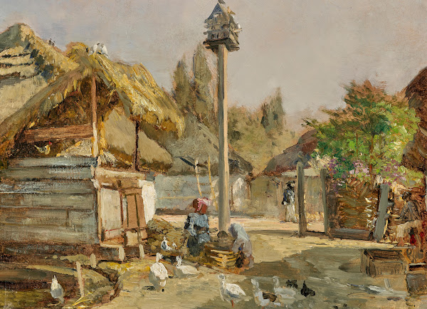 A farmyard with geese and chickens