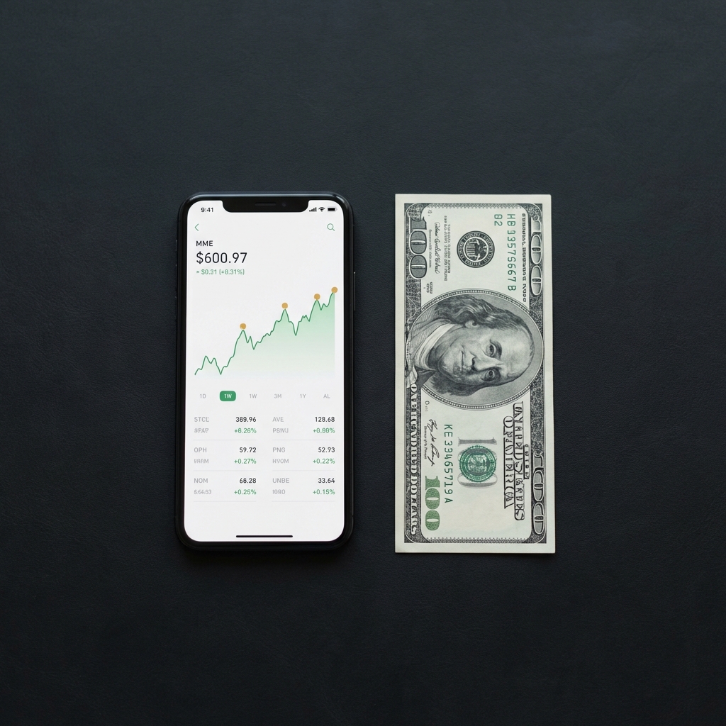Minimalist desk with smartphone showing a stock app and one 100 dollar bill on dark background illustrating is investing $100 in stocks worth it