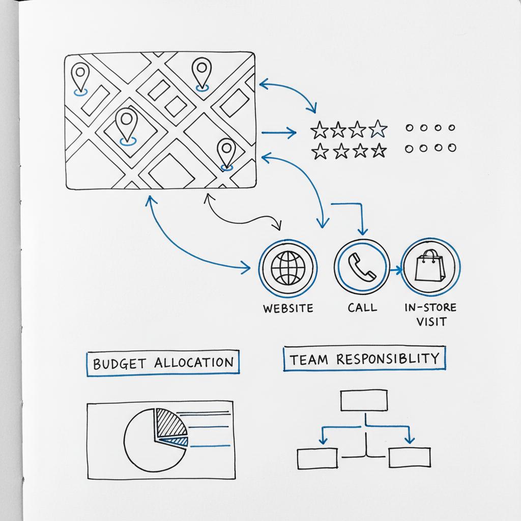 Close-up notebook sketch of a local search map, review star icons and arrows linking customer touchpoints on white paper with #1a5bfb accents — conceptual orm cost illustration