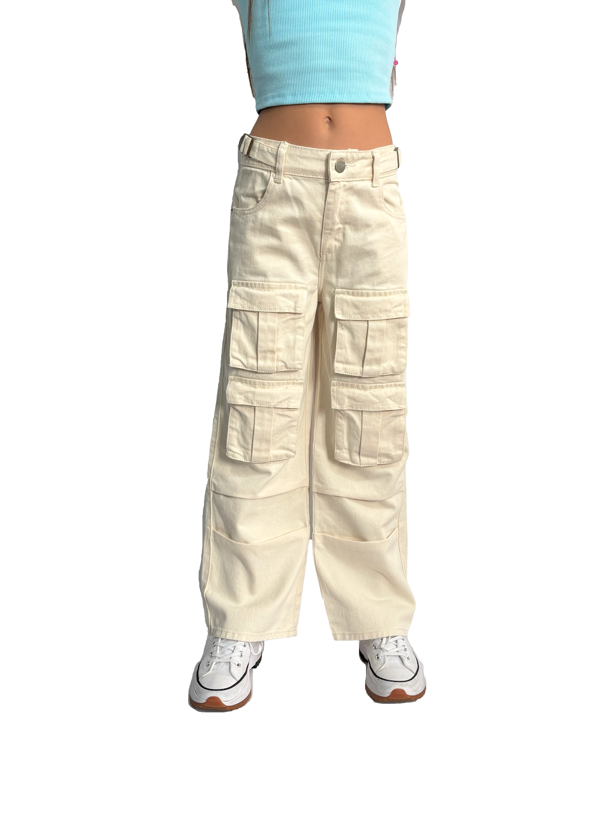 Jean niña cargo wide leg tiro medio en denim rígido color crudo - Vista 2