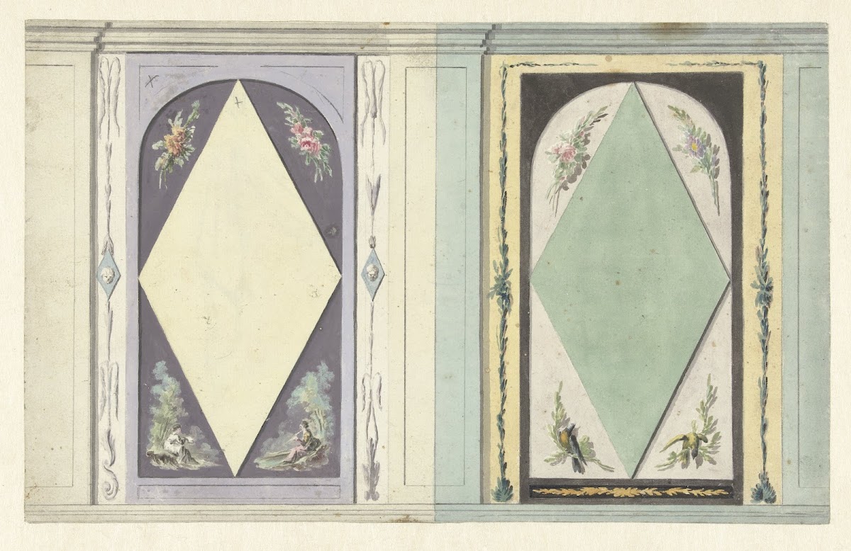 Ontwerp voor kamerversiering met twee panelen met een ruit in geel en groen 1767