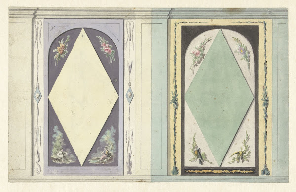 Ontwerp voor kamerversiering met twee panelen met een ruit in geel en groen 1767
