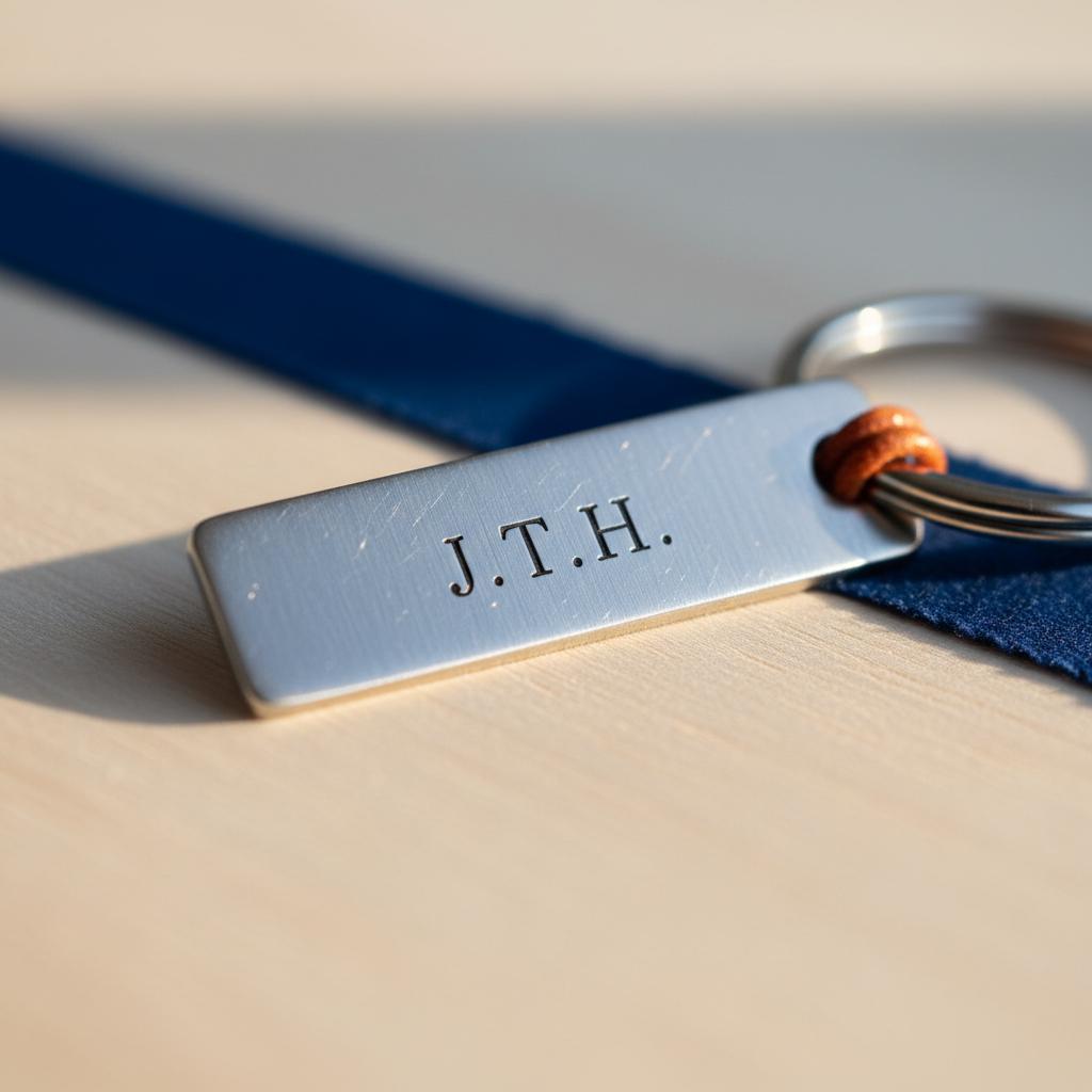 Nahaufnahme eines handgefertigten Edelstahl-Schlüsselanhängers mit gravierter Plakette auf Holz, warmes Licht, dezente Markenakzente #0044CC und #ff9800, geschenkideen gamer