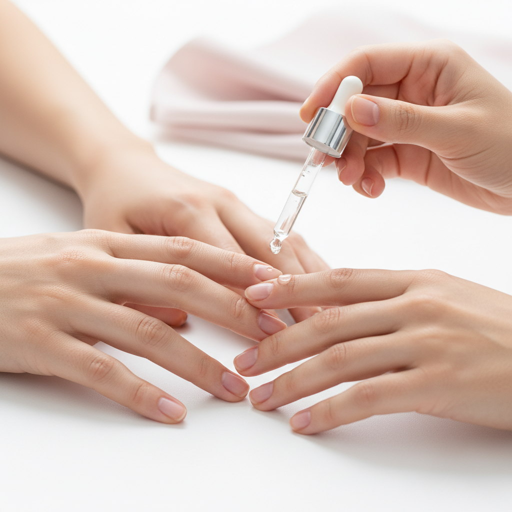 Nahaufnahme: drei gepflegte Hände auf weißem Hintergrund, eine trägt Nagelhautöl per Pipette auf – Fokus auf weiche Fingernägel.