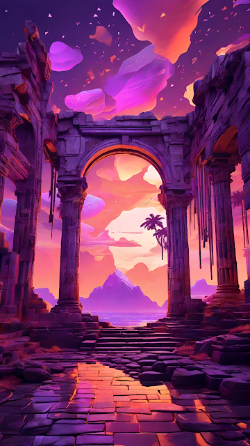 Neon Vaporwave Ruins Sunset Archway Purple Landscape - Free mobile Wallpaper