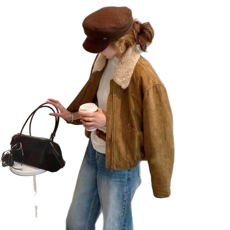 Women's winter jacket, suede look, lamb wool lining