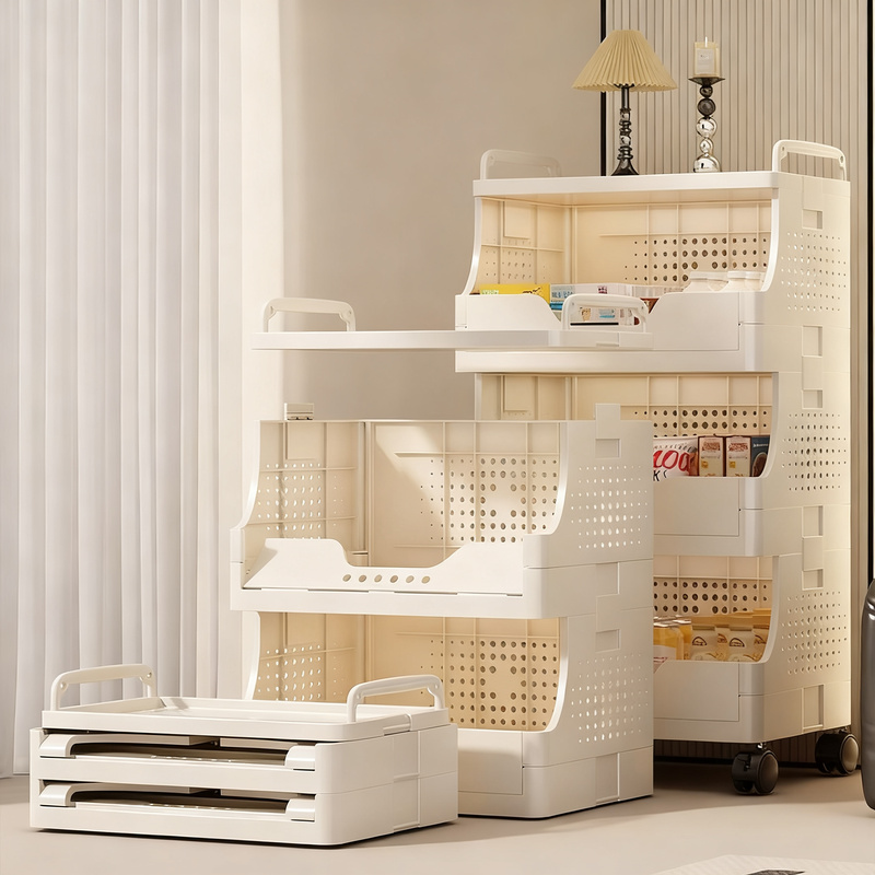 Plastic shelf cart with wheels, multi-tiered
