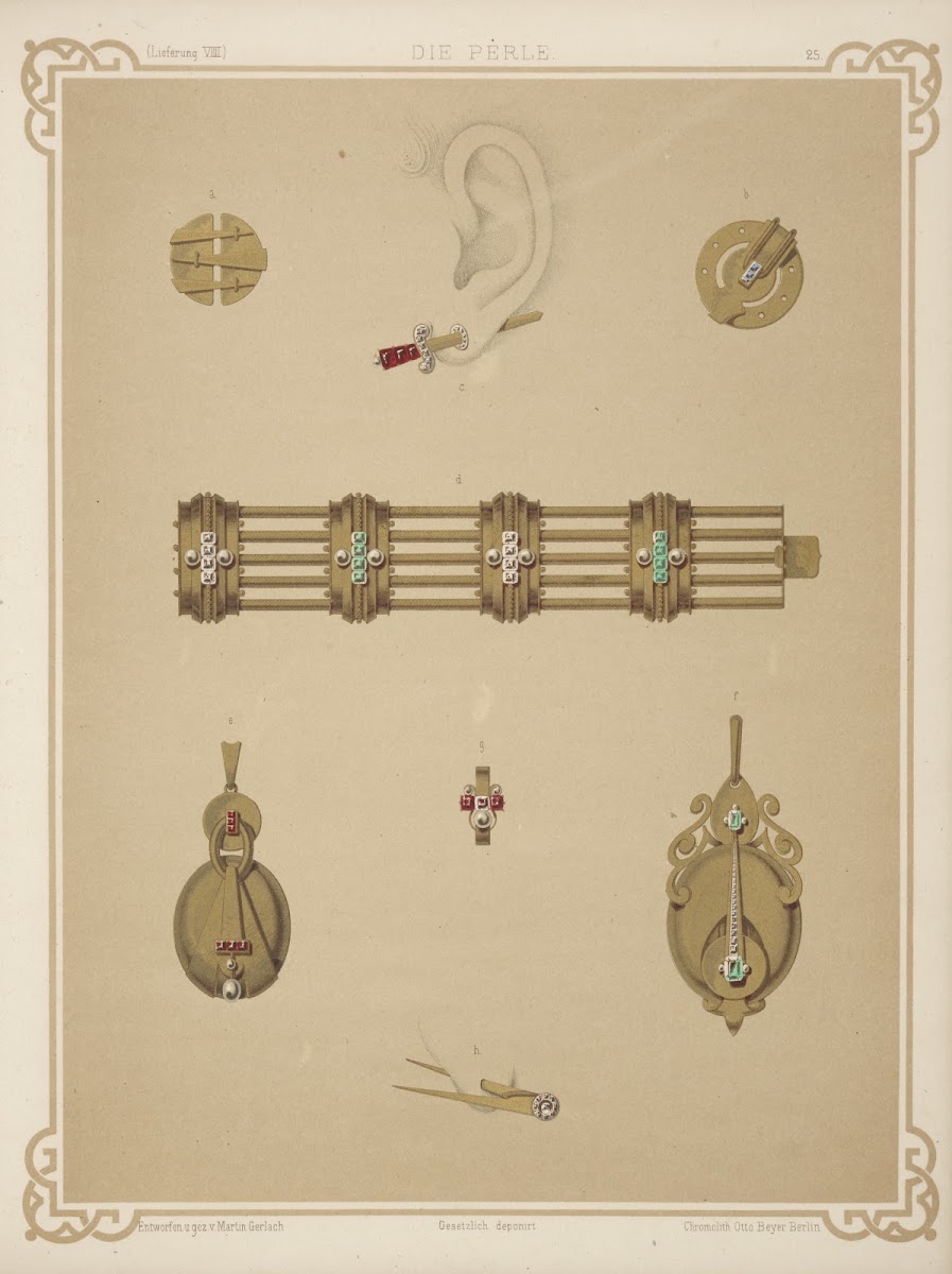 Seven Designs For Jewelry Including Earring In Shape Of Gold Sword With Ruby Hil