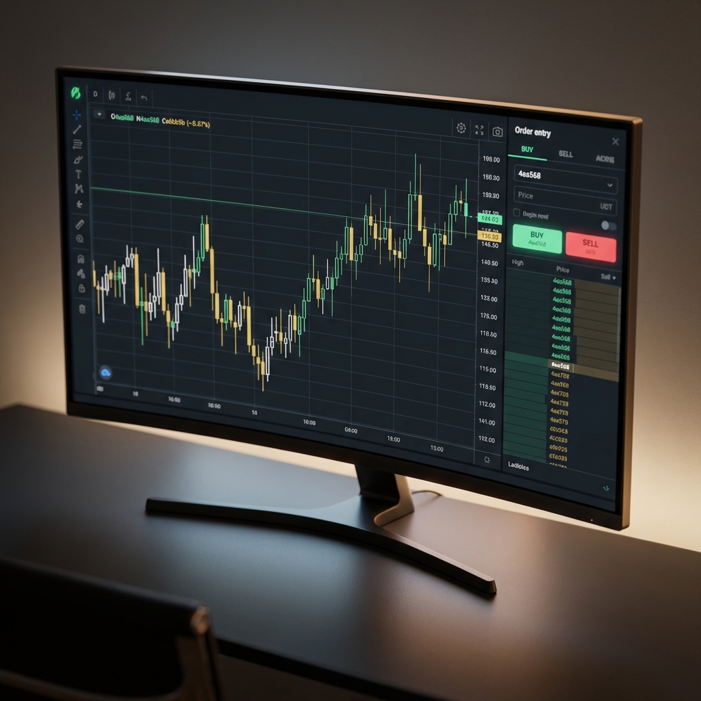 Close up day trading screen with candlestick charts order entry panel and green and gold UI highlights on dark background 0f0f0f minimalist realistic