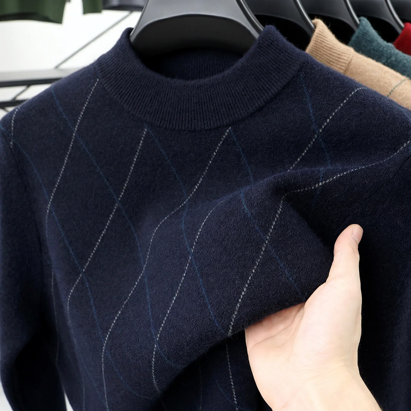 Men's Wool Sweater, Plaid, Standing Collar, Extra Warm