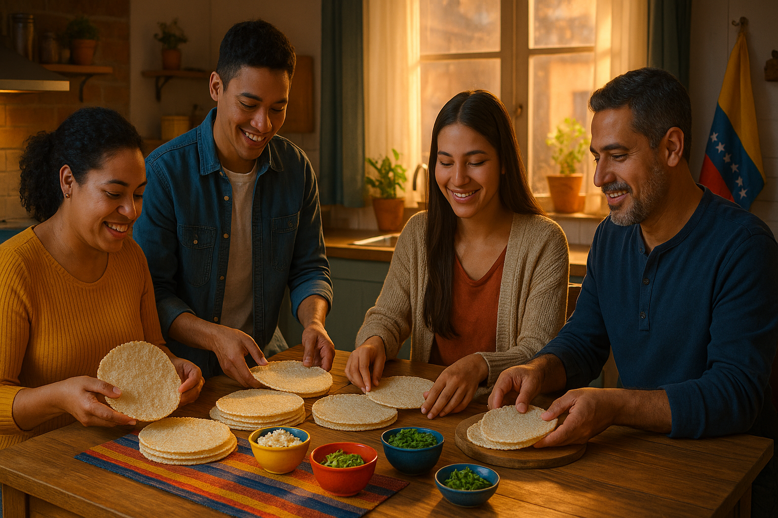 Manos colocando casabe venezolano en una mesa compartida en cocina urbana, comunidad migrante sonriente
