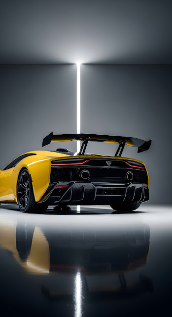 Sleek Yellow Sports Car with Carbon Fiber on Studio Reflection Floor - Free mobile Wallpaper