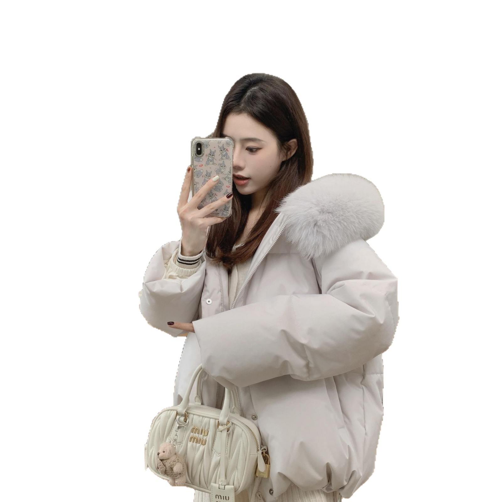Short padded women's jacket with hood and fur collar