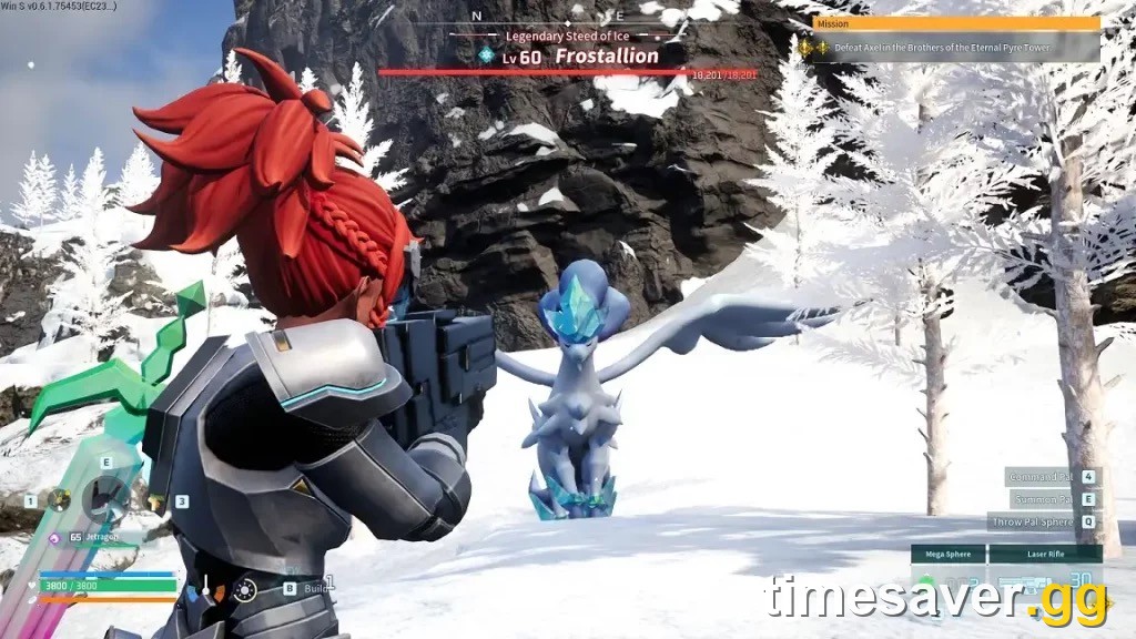 The Ice-type Legendary Pal Frostallion in Palworld shown as the Level 60 Alpha field boss with its boss health bar in the snowy Astral Mountains