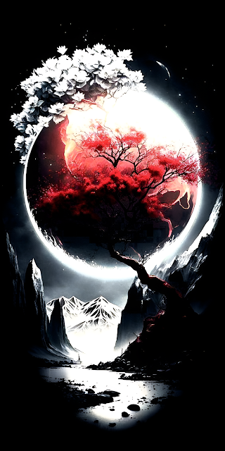 Gothic Red Moon Tree Silhouette Over Dark Mountain Valley - Free mobile Wallpaper