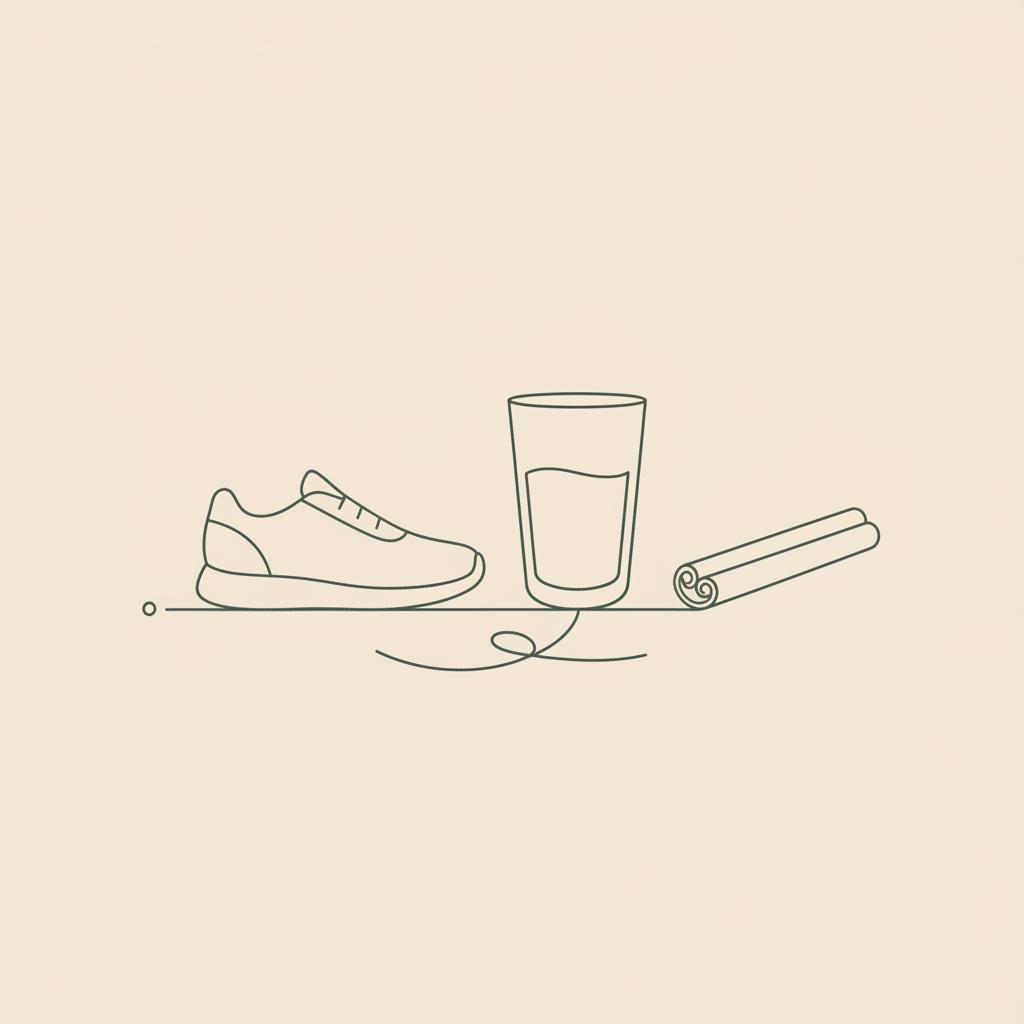 Minimalist line illustration of a walking shoe, glass of water, and cinnamon stick on beige background suggesting what lowers blood sugar naturally quickly?