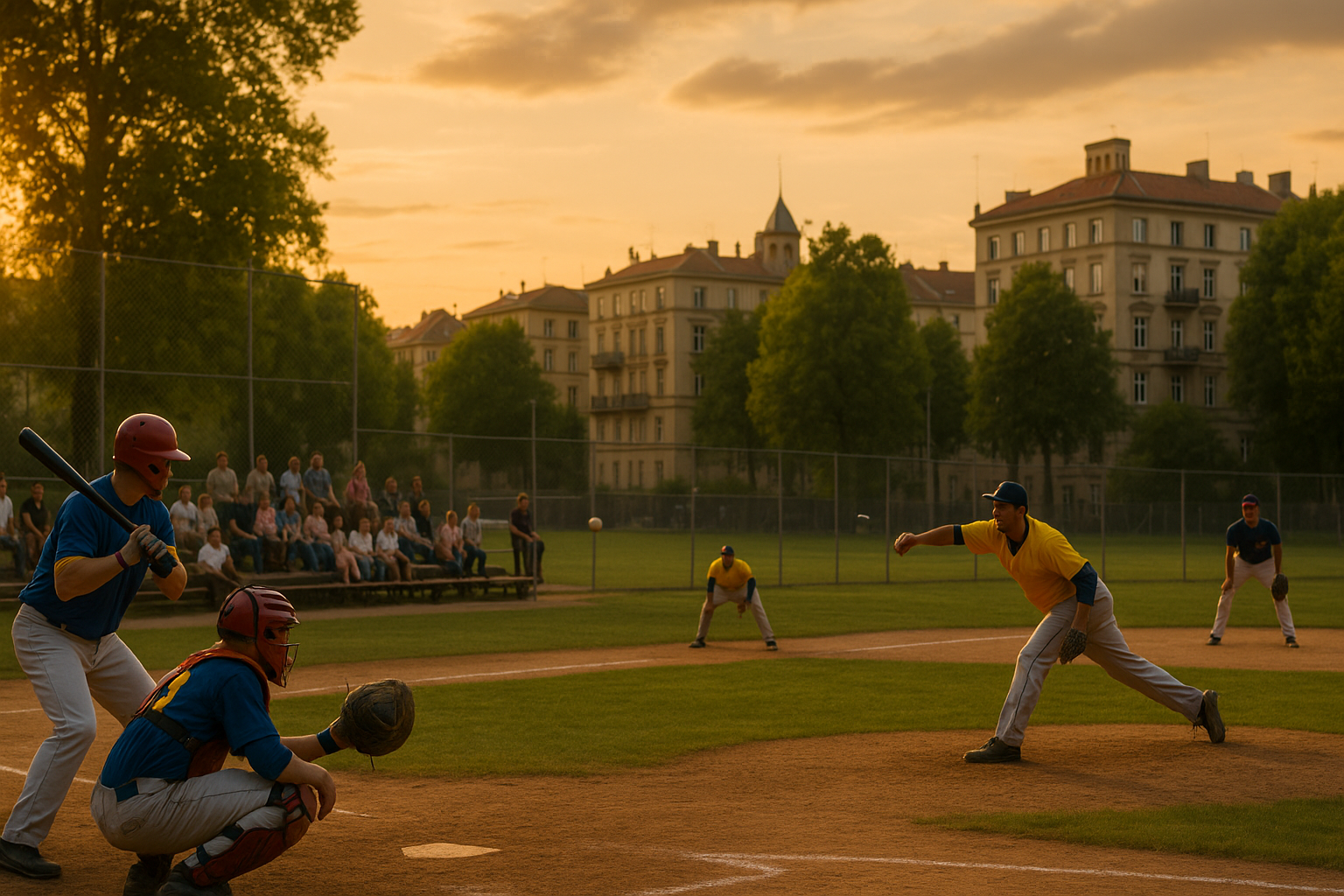 Venezolanos jugando béisbol en un parque urbano de Madrid al atardecer