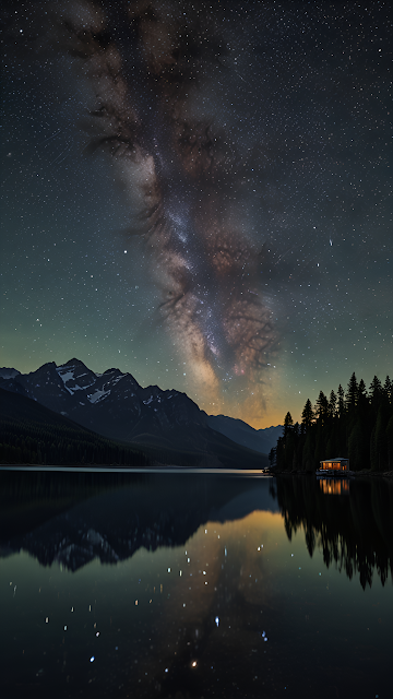 Mountain Lake Under Milky Way with Glowing Cabin - Free mobile Wallpaper